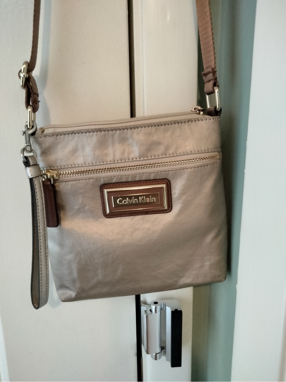 Calvin Klein Metallic Beige Crossbody Bag with Brown Trim